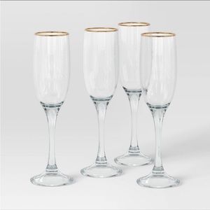 THRESHOLD Champagne Flute Glass Set - Gold Rim Set  of 4 - NEW